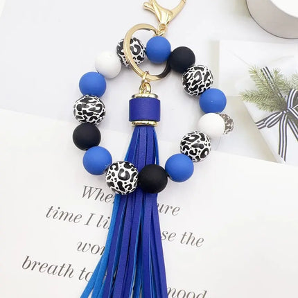 Leopard Print Silicone Bead Keychain With PU Tassel Bag Charm For Adults