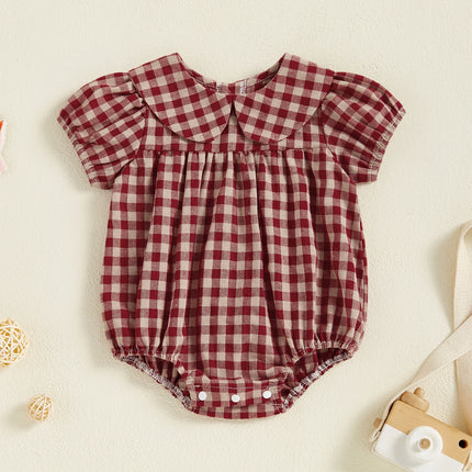 Baby Girls Romper Puff Short Sleeve Doll Collar Plaid Infant Bodysuit Infant Summer Clothes