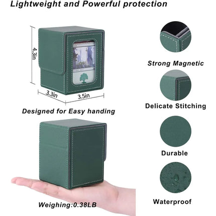 MTG Deck Box for Commander Display,Card Deck Box Fits 100 Double Sleeved Cards, Magic Commander TCG Card Storage case with 2 Dividers,Dice Bag and 1 Toploader(Green/Grey)