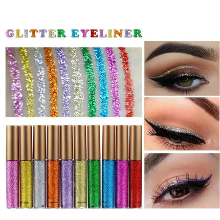 Glitter Liquid Eyeliner Set 10 Pieces Metallic Shimmer Eye Liner Long Lasting Sparkling Eyeshadow Tint Smudge Proof Cosmetics