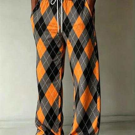 Men's classic plaid/diamond print casual pants, loose and breathable drawstring style, suitable for outdoor sports