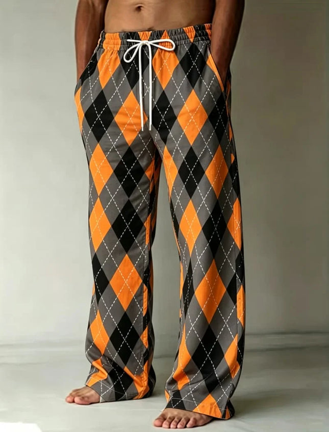 Men's classic plaid/diamond print casual pants, loose and breathable drawstring style, suitable for outdoor sports