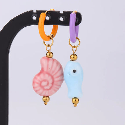 1Pair Trendy Ceramic Hand-painted Tropical Fish Y2K Girl Hoop Earrings Cute Sea Animal Conch Shell Summer Women Aretes Jewelry