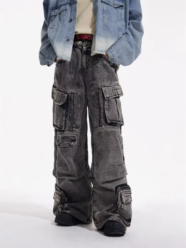 2025 Cyber Y2K Streetwear Washed Grey Baggy Cargo Jeans Pants For Men 90S Vintage Clothes Wide Leg Zipper Gothic Denim Trousers