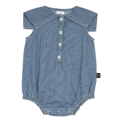 OUYANG&IVAN SsWyn2025 Mid Blue Denim Sailor Collar Romper Floral Baby One-pieces for Babies Boy Girl Bodysuits