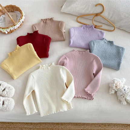 Kids Girls High Neck Knit Sweater Childrens Long Sleeve Undershirt Ruffled Solid Color Autumn for 0-5Y Girls Inner Top