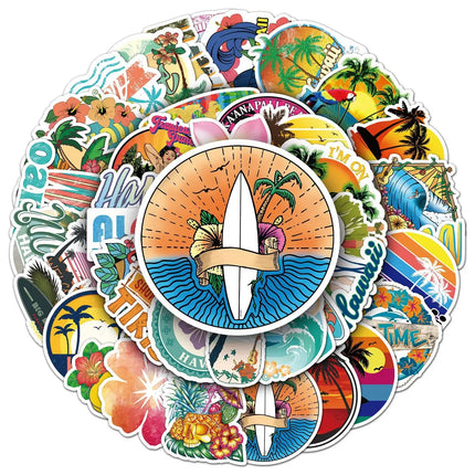 50PCS Outdoor Hawaii Surfing Stickers Summer Tropical Beach Surfing Waterproof DIY Surfboard Skateboard Phone Cup Kid Toys Gift