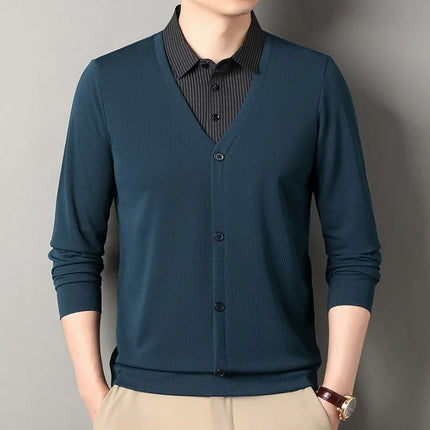 2026 New Men's Fake Two Piece Polo Shirt Casual Fashion Long Sleeve Collar T-shirt Versatile Top