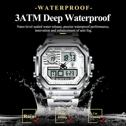 POEDAGAR Functional Men Wristwatch Waterproof Luminous Stainless Steel LED Man Watch Week Date Electronic Men's Quartz Watches