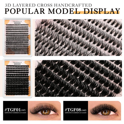 GROINNEYA Lash Clusters Kit Fluffy Volume Eyelash Clusters D Curl Cluster Eyelash Extensions 3D Wispy Lashes Clusters Makeup
