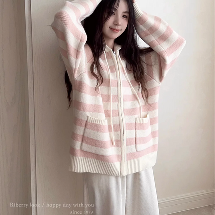 New Thin Cream Stripe Zipper Hooded Coat Spring And Autumn Dressing Up Collection Casual Fashion Trends Versatile Lazy Wind