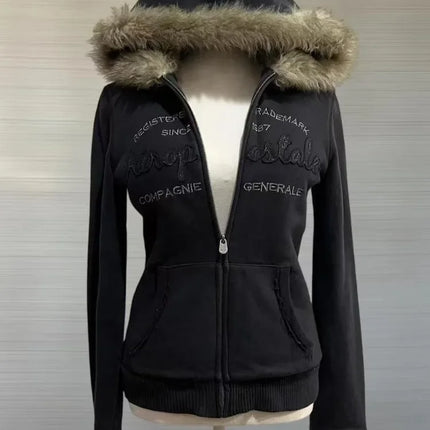 Vintage American Retro Solid Hooded Hoodie Women Winter Faux Fur Lined Zip Up Sweatshirt Cozy Fleece Pullover Streetwear Jacket