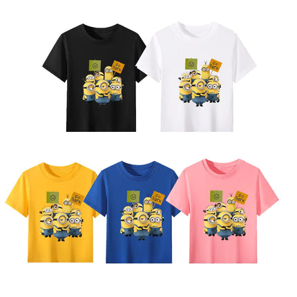 Minions Group Character Display Kids Cotton T-Shirt Fun Team Theme Comfortable Casual Clothing for Boys and Girls Daily Wear
