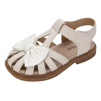 Cute Girls Sandals Bow Peep-toe 2025 New Soft Hook & Loop Beige Kids Princess Shoes Casual Sandals Cute Children Shoes Non-slip