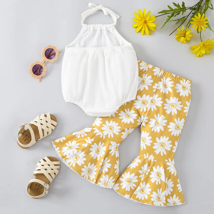 Fashion 2pcs Clothes Outfits For Baby Girl Summer Outfits Romper Floral Elastic Waist Flare Pants Toddler Sleeveless Jumpsuit