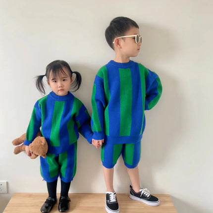 Korean Children's Sweater 2024 Spring New Boys and Girls Foreign Style Striped Knitted Sweater Set Brother and Sister Clothing