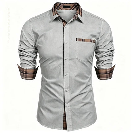 Men's shirt checkered contrasting long sleeved shirt, business casual button up shirt, personalized and trendy men's clothing