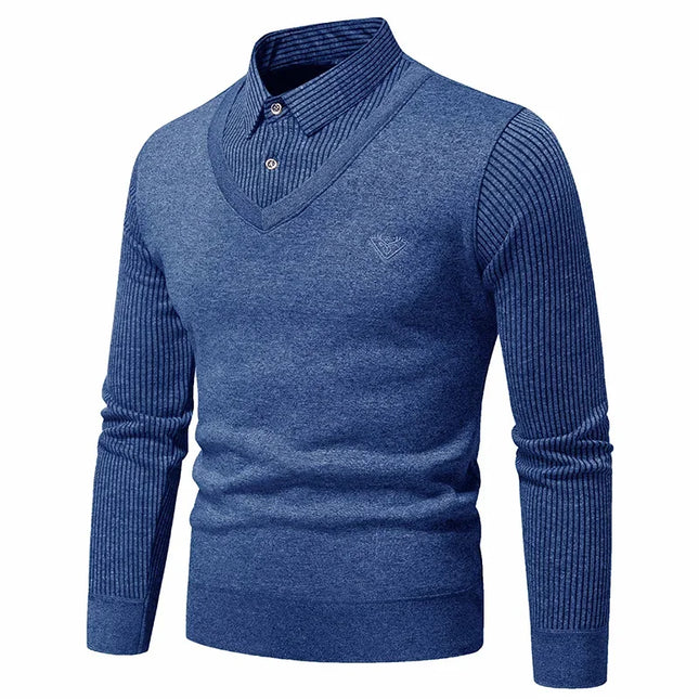 Autumn and Winter New Collection with Fleece Fake Two Piece Long Sleeved Polo Shirt for Men Fashionable and Casual Versatile Top