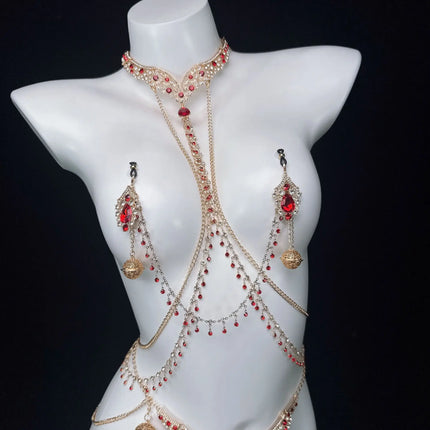 Ruby Red Sexy Body Chain Chest Chain Collar Waist Chain Nipple Clamps Nipple Stimulation Women's Wear Adult Toy SM Training Tool