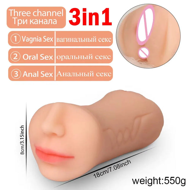 Male Masturbator 3-in-1 Realistic Vagina Sexy Toys for Men Pocket Pussy Blowjob Masturbation No Vibrator Adult Sex Goods