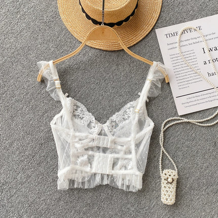 French Chic Sexy Woman Sleeveless Skinny Backless Female Corset Camis Lace Sheer Spaghetti Strap Hotsweet Tank Tops Dropshipping