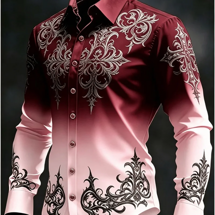 New black satin ethnic style geometric border men's long sleeved shirt retro business casual shirt clothing