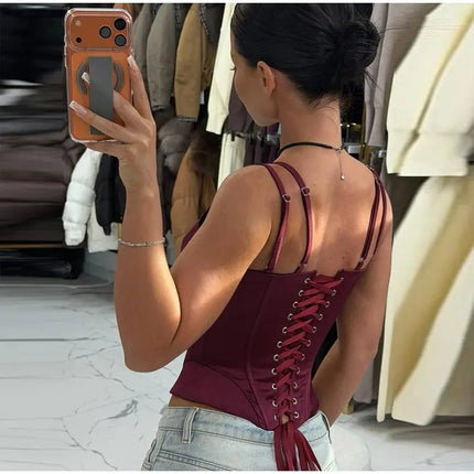 Sexy Double Layered Shoulder Straps Women Vest Elegant Backless Sleeveless Lace Up Female Top 2026 Spring Summer Lady Crop Tops