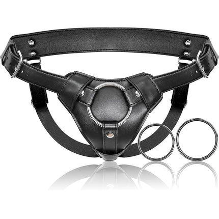 Adjustable Strap On Dildo Harness Adult Sex Toys for Women Men Leather Belt with 2 Size Metal O-Rings for Lesbian Gay Anal Toys