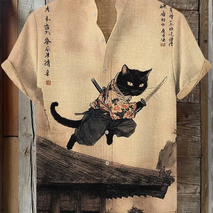 Men's Edo Cat Samurai Warrior Japanese Art Anime Shirts 3D Print Casual Hawaiian Shirts Summer Men Women Short Sleeve Blouse Top