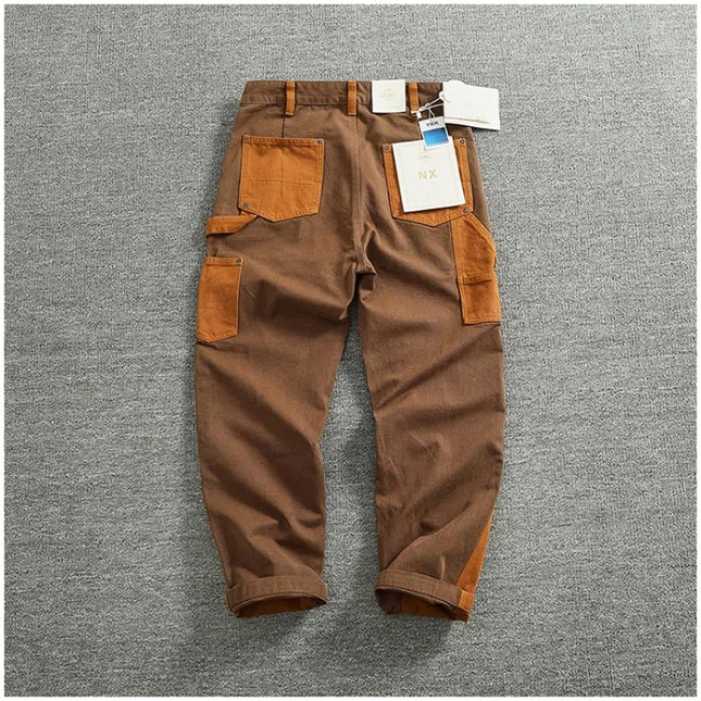 Autumn and winter heavy high-end vintage overalls men bead canvas grain color patchwork logging motorcycle casual pants tide