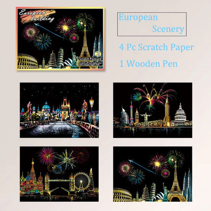 20*14cm Scratch Rainbow Magic Painting Paper Toy World City Attractions Series For Children DIY Drawing Adult Decompression Gift