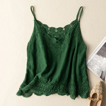 Korean Japanese Brand Lace Hollow out Svel Thin Top Women Summer Loose Linen Csole Vest Inner Wear Tank Top