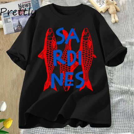 Sardines Graphic Tee Trendy Fish T-shirt Casual Short Sleeve Cotton T Shirt Streetwear Round Neck T-shirt Streetwear Cool Tees