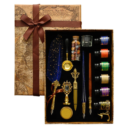 Luxury Fountain Pen Set, Retro Sprinkling Feather Pens Calligraphy Writing Dip Kit with Wax Seal Stamp & Replace Nibs, Gift Box