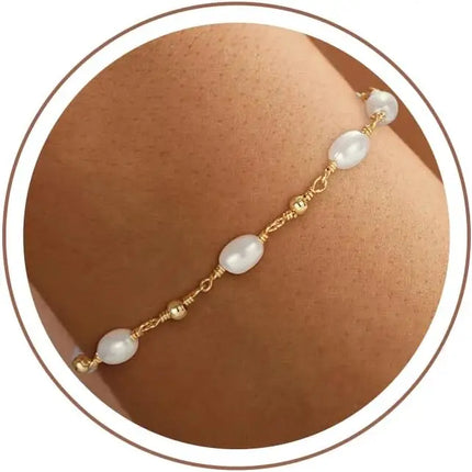 14K Gold Plated Pearl Bracelets Women Dainty Pearl Chain Bridesmaid Bracelets, Waterproof Wedding Jewelry for Women Adjustable
