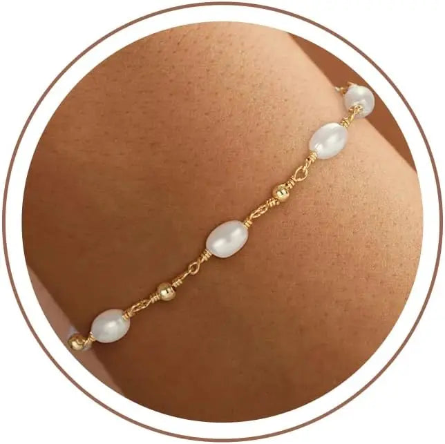 14K Gold Plated Pearl Bracelets Women Dainty Pearl Chain Bridesmaid Bracelets, Waterproof Wedding Jewelry for Women Adjustable