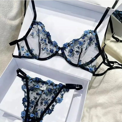 YUQI French Elegant Lingerie Set-Floral Embroidery Semi-Transparent Bra & Brief,Black Sensual Women's Underwear Luxury Intimates