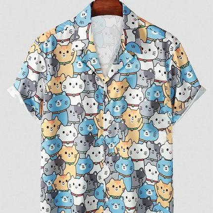 2026 New Fashionable Hawaiian Men's Cute Cat Printed Casual Harajuku Short Sleeved Shirt