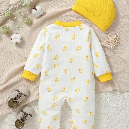 Baby Boys/girls Cute Long Sleeve Zipper Jumpsuit Duck Hat 2 Pieces For Fall/Winter 1-2Y Casual Daily Wear Clothes