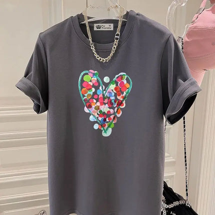 Summer Fashion Hand-Painted Polka Dot Printing T-shirts Women Pure Cotton O-neck Short Sleeve Top Tees Casual Loose Pullover