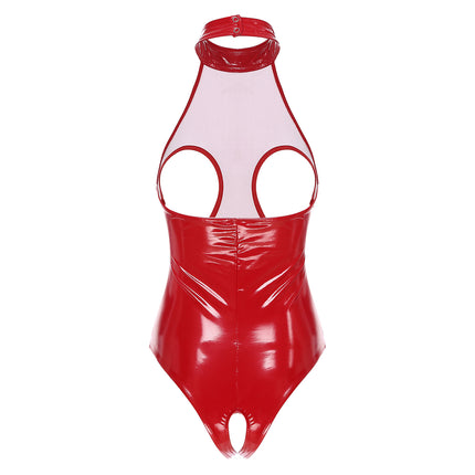 Womens Latex Lingerie Cutout Patent Leather Bodysuit Halter Neck Backless Crotchless Open Cup Teddies Leotard Erotic Clubwear