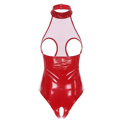 Womens Lingerie Exposed Nipples Latex Bodysuit Glossy Patent Leather Hollow Out Open Cup Crotchless Leotard with Garters Clips