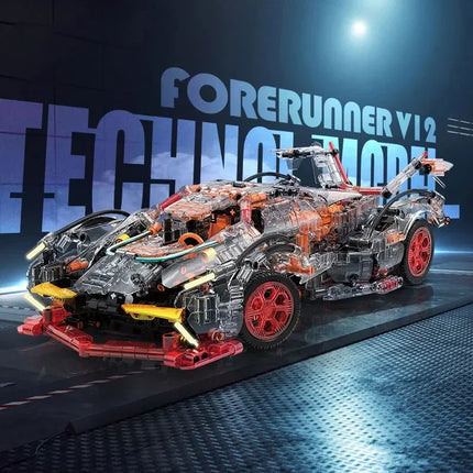 Transparent V12 Block Roadster RC Tech Racer 1:14 DIY Roadster Building Block Assembly Block Car Toy Birthday Gift