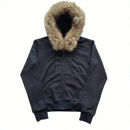 Faux Fur Trim Hooded Zip Up Jacket Men 2026 Black Oversized Y2K Streetwear