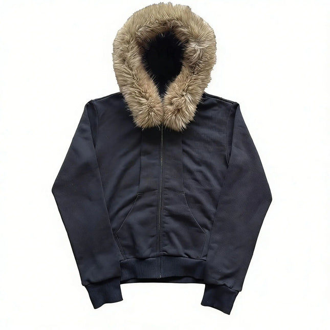 Faux Fur Trim Hooded Zip Up Jacket Men 2026 Black Oversized Y2K Streetwear