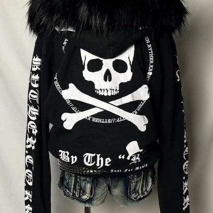 New Retro Oversized Printed Fur Collar Jacket Gothic Streetwear Skull Hoodie Y2K Women Hip Hop Harajuku Winter Hooded Sweatshirt