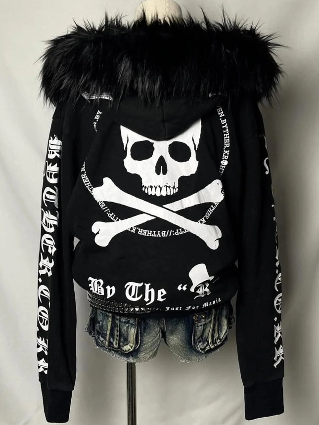 New Retro Oversized Printed Fur Collar Jacket Gothic Streetwear Skull Hoodie Y2K Women Hip Hop Harajuku Winter Hooded Sweatshirt