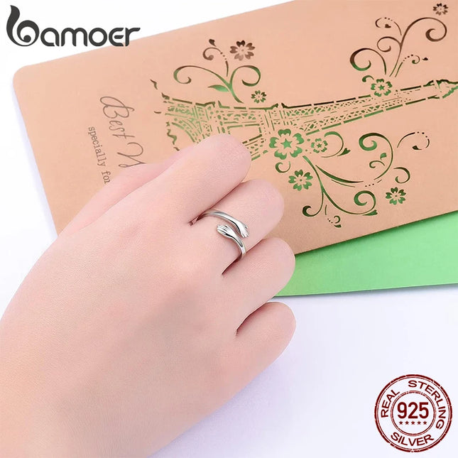 BAMOER 925 Sterling Silver Hug Open Ring Warm Love Hand Adjustable Glossy Ring for Women, His Big Loving Family Party Gift