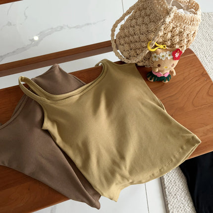 Women's Vest with Built-in Bra Pad Elastic Ribbed Square Collar Csole Tank Top ort Length  Color Versatile Summer F...