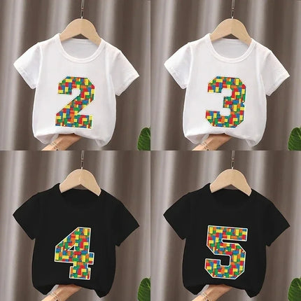 Summer Cotton Children's T-Shirt Building Blocks Bricks Print Number Cartoon Kid 2-9Y Birthday Funny Baby Tee Top Boy Girl Clothes